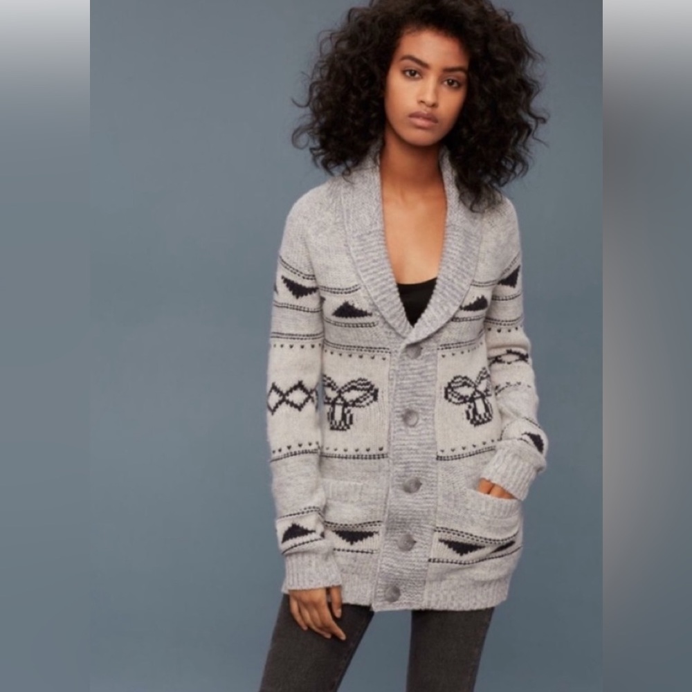 TNA Gray and Black Patterned Shawl Collar Cardigan